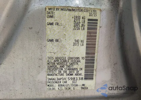 2015 Nissan Altima 2.5 S из США, поврежденный, VIN 1N4AL3AP5FC598138